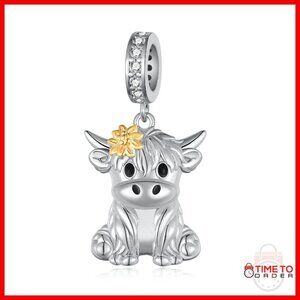 925 Sterling Silver Highland Cow Charm for Bracelets 0.67x0.55 Inch